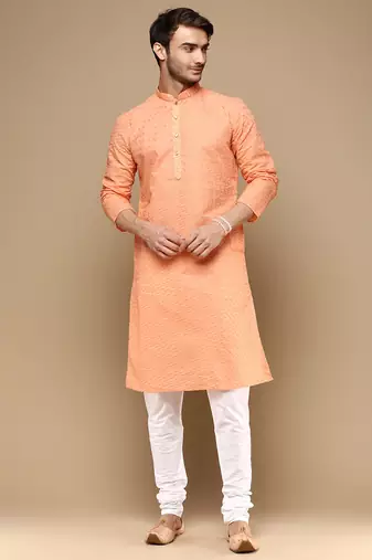 Chic & classic men's solid orange chikankari designer cotton kurta set by sanwara