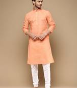 Chic & classic men's solid orange chikankari designer cotton kurta set by sanwara