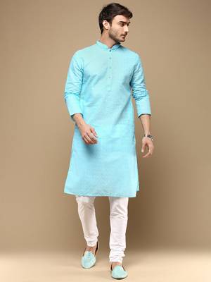 Chic & classic men's solid sky blue chikankari designer cotton kurta set by sanwara 1