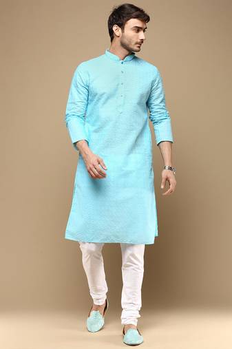 Chic & classic men's solid sky blue chikankari designer cotton kurta set by sanwara