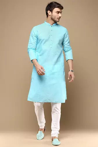 Chic & classic men's solid sky blue chikankari designer cotton kurta set by sanwara