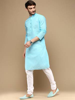 Chic & classic men's solid sky blue chikankari designer cotton kurta set by sanwara 2