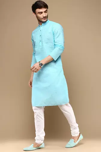Chic & classic men's solid sky blue chikankari designer cotton kurta set by sanwara
