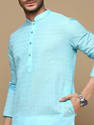 Chic & classic men's solid sky blue chikankari designer cotton kurta set by sanwara 3