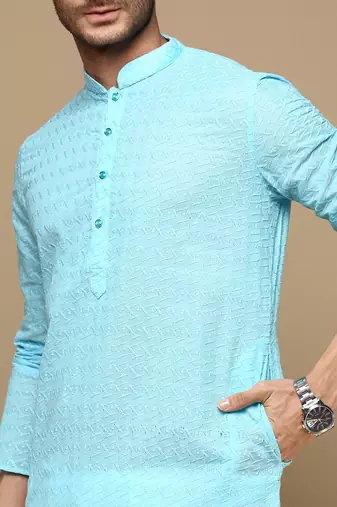 Chic & classic men's solid sky blue chikankari designer cotton kurta set by sanwara