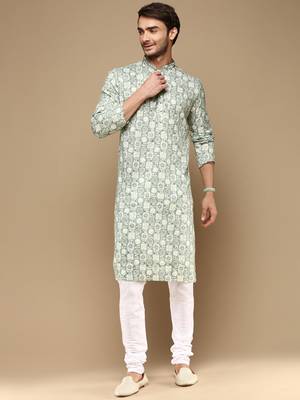 Sanwara men's trendy motifs green printed cotton stylish kurta set 1
