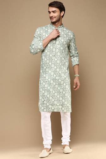 Sanwara men's trendy motifs green printed cotton stylish kurta set