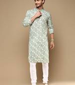 Sanwara men's trendy motifs green printed cotton stylish kurta set