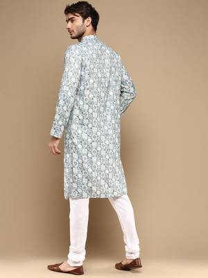 Sanwara men's trendy motifs green printed cotton stylish kurta set 2