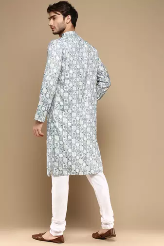 Sanwara men's trendy motifs green printed cotton stylish kurta set