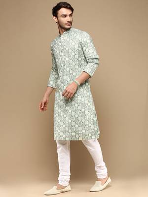 Sanwara men's trendy motifs green printed cotton stylish kurta set 3