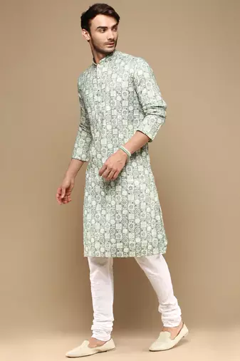Sanwara men's trendy motifs green printed cotton stylish kurta set