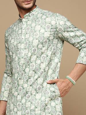 Sanwara men's trendy motifs green printed cotton stylish kurta set 4