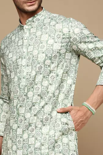 Sanwara men's trendy motifs green printed cotton stylish kurta set