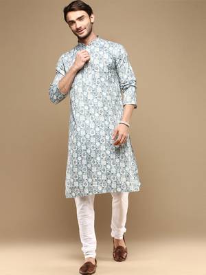 Sanwara men's trendy motifs grey printed cotton stylish kurta set 1