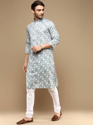 Sanwara men's trendy motifs grey printed cotton stylish kurta set 2
