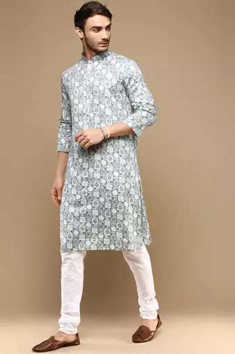 Sanwara men's trendy motifs grey printed cotton stylish kurta set