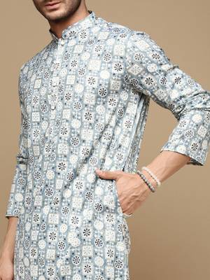 Sanwara men's trendy motifs grey printed cotton stylish kurta set 3