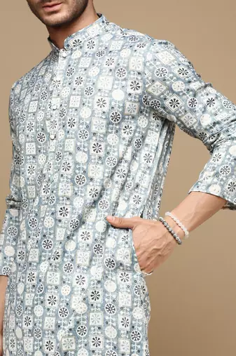 Sanwara men's trendy motifs grey printed cotton stylish kurta set