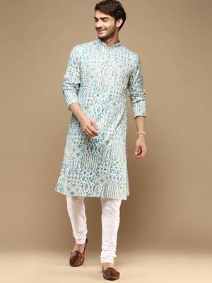 Sanwara men's trendy motifs firozi printed cotton stylish kurta set 1
