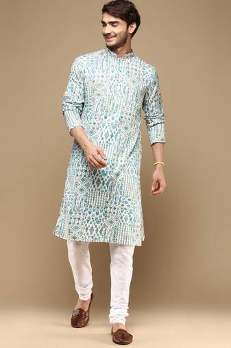 Sanwara men's trendy motifs firozi printed cotton stylish kurta set