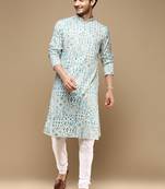 Sanwara men's trendy motifs firozi printed cotton stylish kurta set