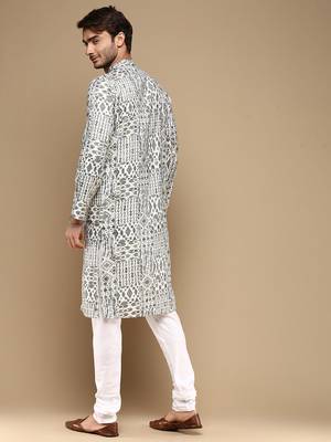 Sanwara men's trendy motifs firozi printed cotton stylish kurta set 2