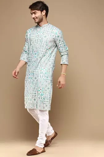 Sanwara men's trendy motifs firozi printed cotton stylish kurta set