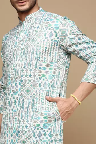 Sanwara men's trendy motifs firozi printed cotton stylish kurta set