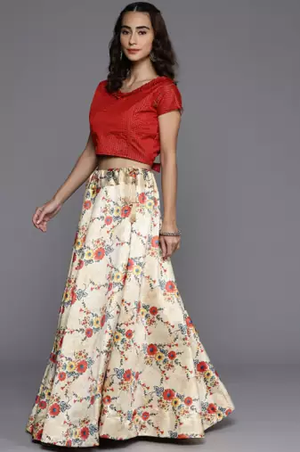 Cream Semi-Stitched Lehenga Choli Set With Dupatta