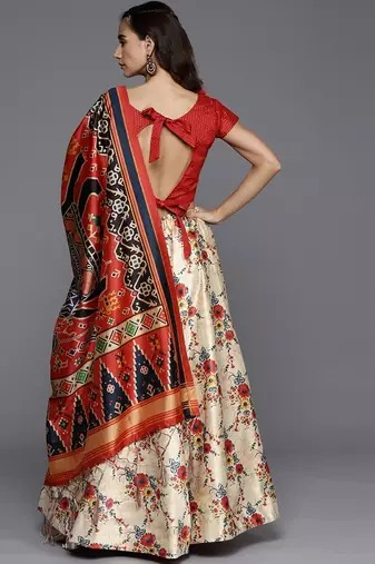 Cream Semi-Stitched Lehenga Choli Set With Dupatta