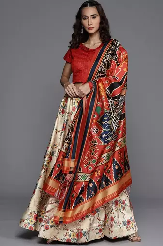 Cream Semi-Stitched Lehenga Choli Set With Dupatta