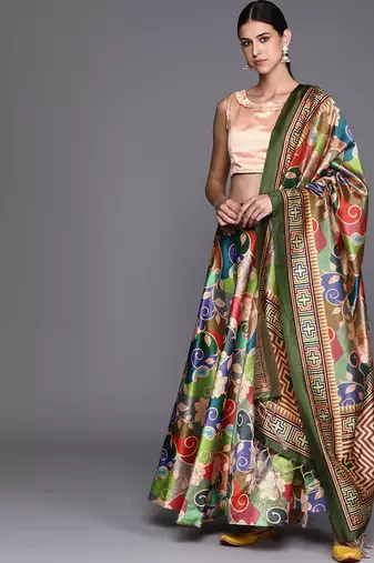 Green Semi-Stitched Lehenga Choli Set With Dupatta