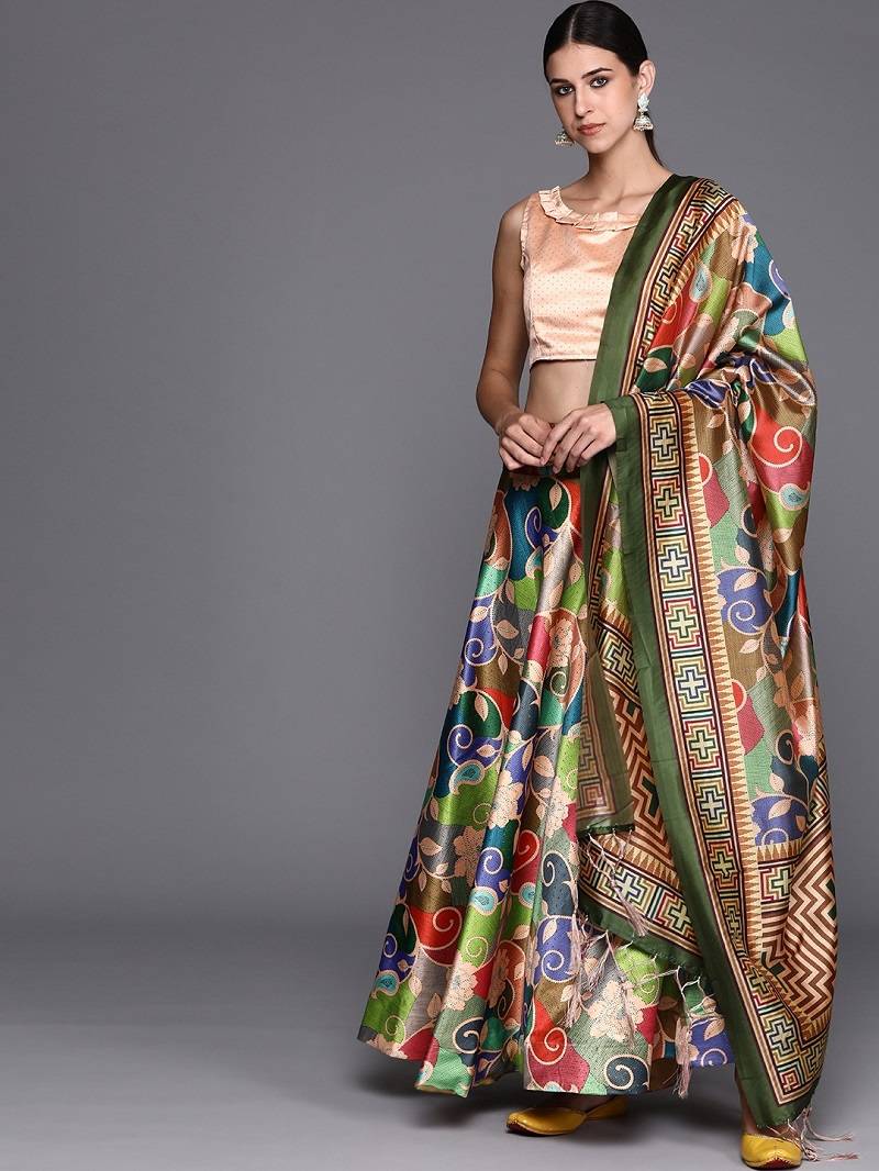 Green Semi-Stitched Lehenga Choli Set With Dupatta