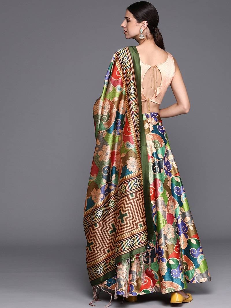 Green Semi-Stitched Lehenga Choli Set With Dupatta