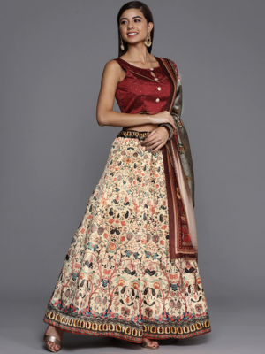 Cream Satin Silk Semi-Stitched Lehenga Choli Set WIth Dupatta 1