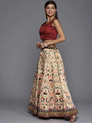 Cream Satin Silk Semi-Stitched Lehenga Choli Set WIth Dupatta 2