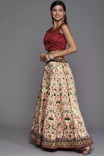 Cream Satin Silk Semi-Stitched Lehenga Choli Set WIth Dupatta
