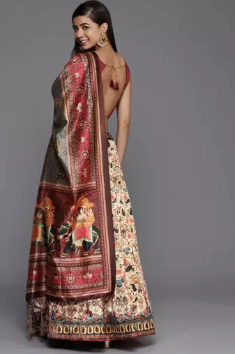 Cream Satin Silk Semi-Stitched Lehenga Choli Set WIth Dupatta