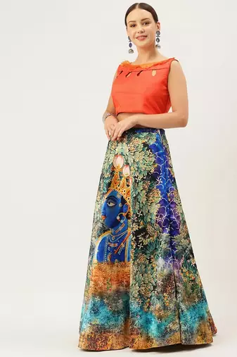 Peacock Blue Semi-Stitcehd Lehenga Choli Set With Dupatta