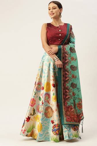 Light-Blue Semi-Stitched Lehenga Choli Set With Dupatta