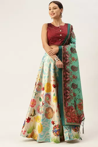 Light-Blue Semi-Stitched Lehenga Choli Set With Dupatta