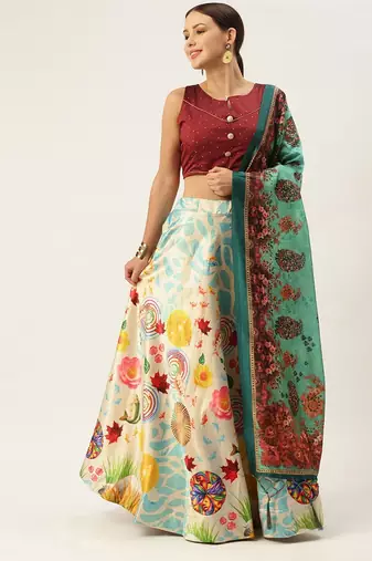 Light-Blue Semi-Stitched Lehenga Choli Set With Dupatta