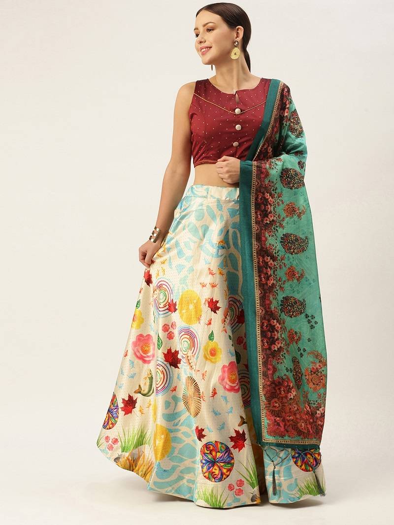 Light-Blue Semi-Stitched Lehenga Choli Set With Dupatta