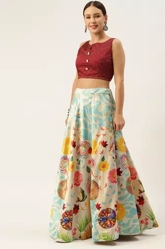 Light-Blue Semi-Stitched Lehenga Choli Set With Dupatta