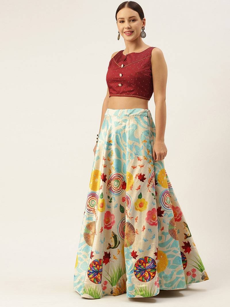 Light-Blue Semi-Stitched Lehenga Choli Set With Dupatta