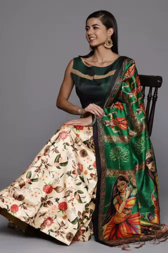 Cream Satin Silk Semi-Stitched Lehenga Choli Set WIth Dupatta