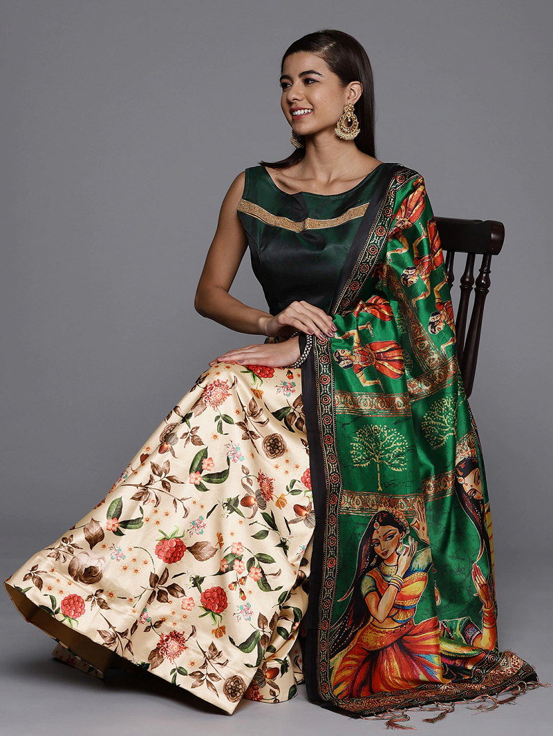 Cream Satin Silk Semi-Stitched Lehenga Choli Set WIth Dupatta