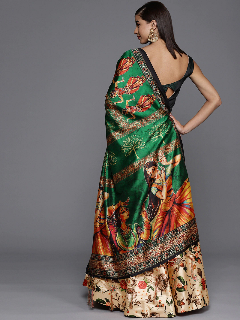 Cream Satin Silk Semi-Stitched Lehenga Choli Set WIth Dupatta