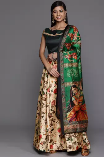 Cream Satin Silk Semi-Stitched Lehenga Choli Set WIth Dupatta